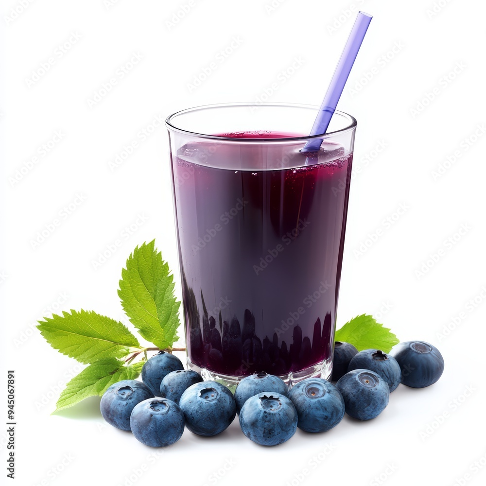 A glass of blueberry juice with fresh blueberries and leaves on a white background.