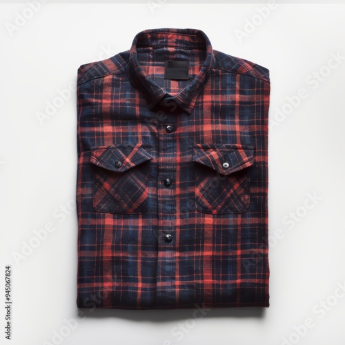 A folded red and blue plaid flannel shirt on a white background.