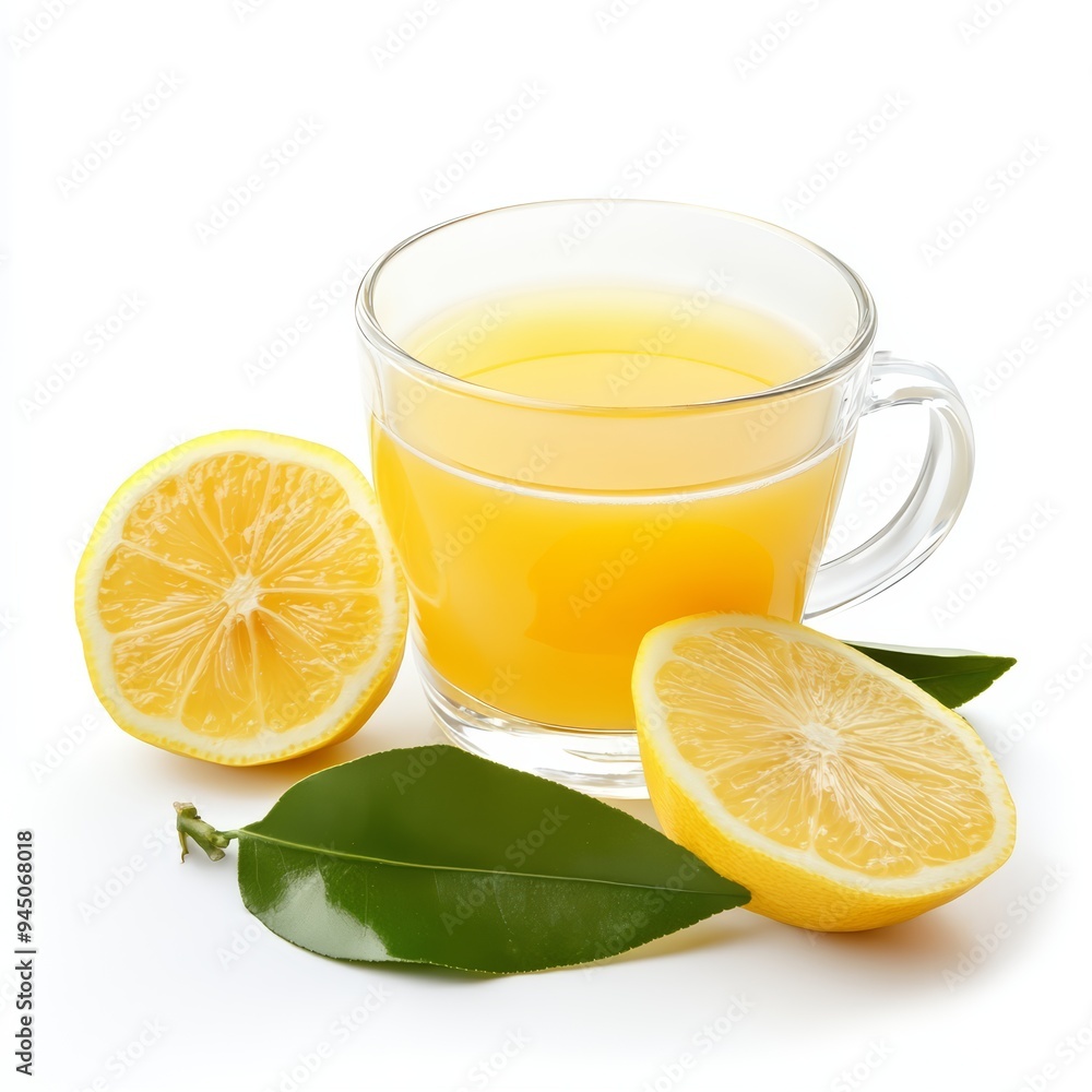 A glass of freshly squeezed lemon juice with two lemon slices and leaves on a white background. A glass of freshly squeezed lemon juice with two lemon slices and leaves on a white background.