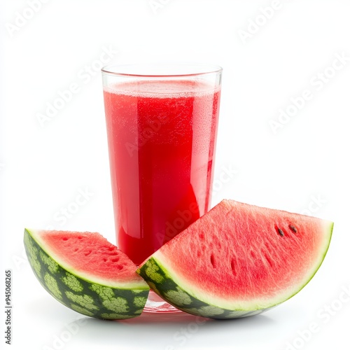 A glass of watermelon juice with two slices of watermelon on a white background.