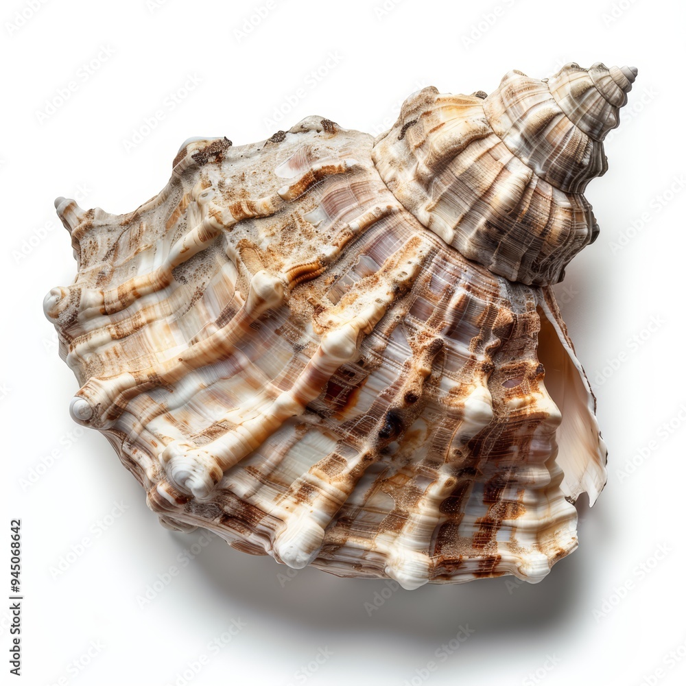 A large, brown and white seashell with intricate ridges and a spiral shape, isolated on a white background.