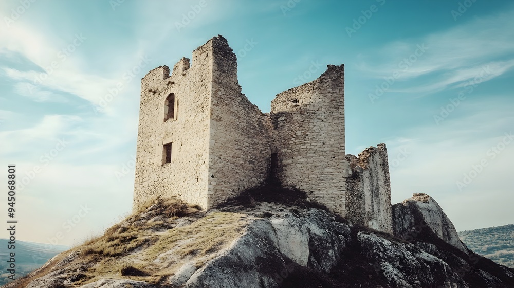 Majestic Ancient Stone Castle Fortress Perched Atop Scenic Hilltop with Cloudy Sky Backdrop in Countryside Landscape Historical Medieval Architecture with Towers Turrets and Walls Majestic Ancient Stone Castle Fortress Perched Atop Scenic Hilltop with Cloudy Sky Backdrop in Countryside Landscape Historical Medieval Architecture with Towers Turrets and Walls