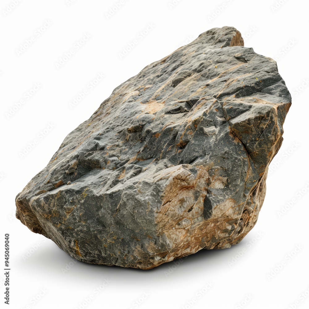 Obraz premium A large, gray, and brown rock with visible veins of white and yellow minerals, isolated on a white background.