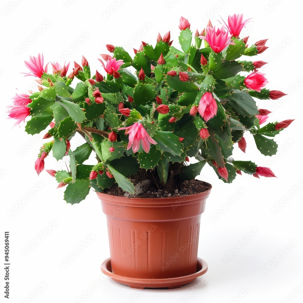 A potted pink-flowered Christmas cactus plant with green leaves and stems against a white background. A potted pink-flowered Christmas cactus plant with green leaves and stems against a white background.