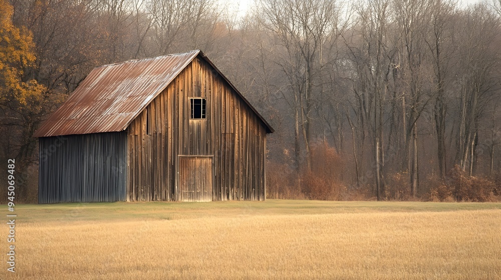 Charming and Rustic Wooden Barn Set in a Serene Rural Landscape with Lush Greenery and Ample Copy Space for Overlay or Text Charming and Rustic Wooden Barn Set in a Serene Rural Landscape with Lush Greenery and Ample Copy Space for Overlay or Text
