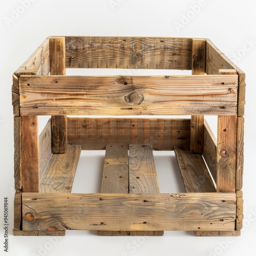 A rustic wooden crate, constructed from reclaimed wood, with a weathered finish and an open top. The crate has a simple design, with a double layer of wooden slats photo