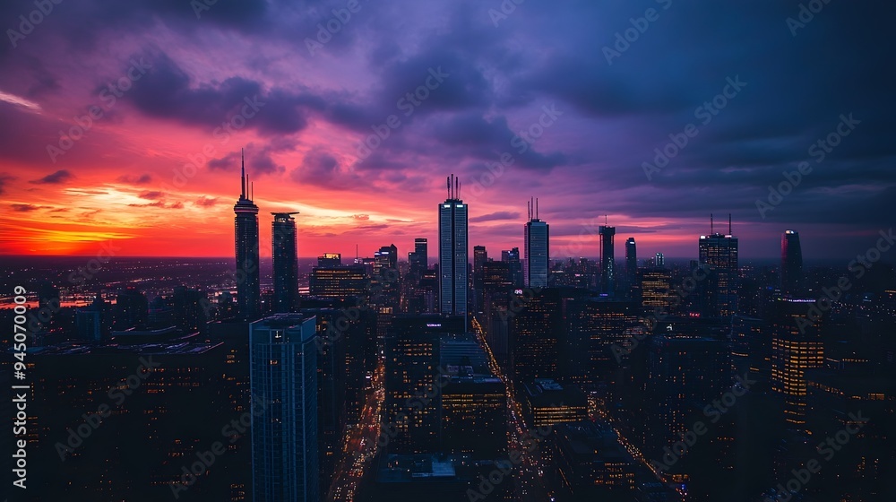 Obraz premium Breathtaking sunset view of a modern city skyline with skyscrapers and high rise buildings silhouetted against the vibrant evening sky