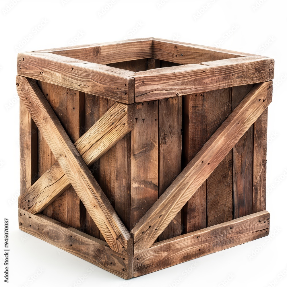 A rustic wooden crate, made of weathered wood, with a diagonal bracing pattern, sits on a white background. A rustic wooden crate, made of weathered wood, with a diagonal bracing pattern, sits on a white background.