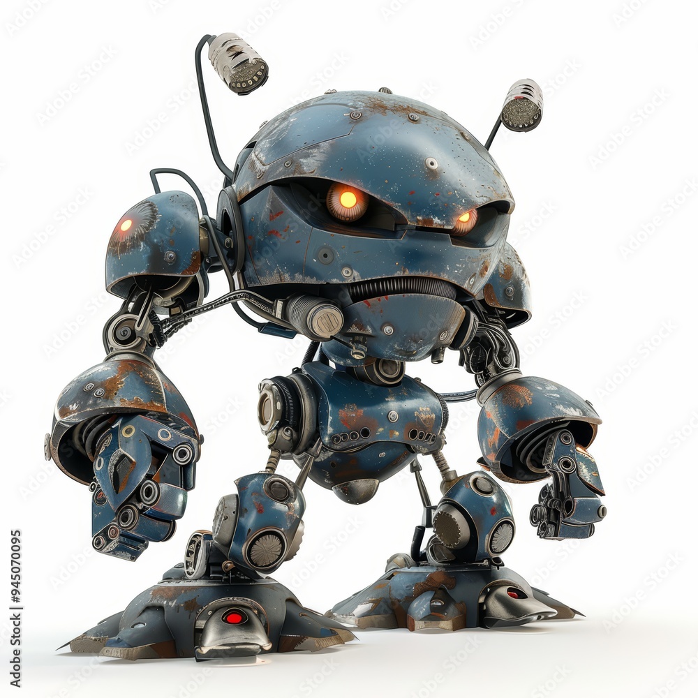 A rusty, blue, and menacing robot with red glowing eyes stands against a white background. A rusty, blue, and menacing robot with red glowing eyes stands against a white background.