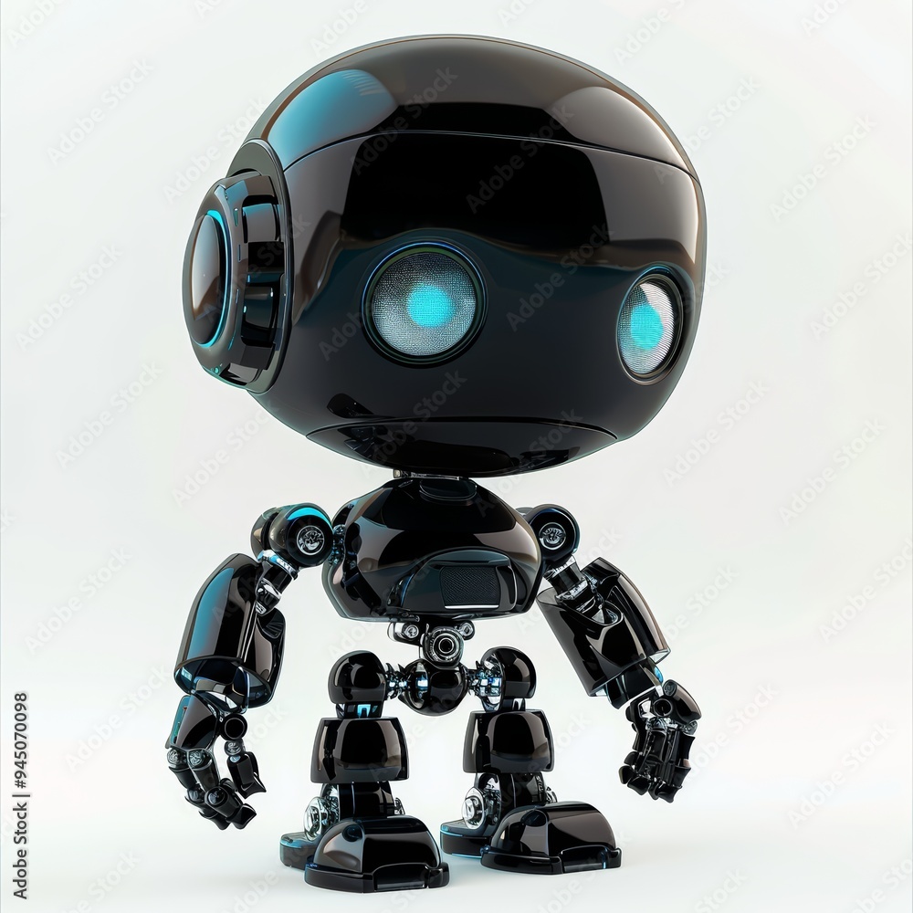 A shiny black robot with blue glowing eyes stands on a white background. A shiny black robot with blue glowing eyes stands on a white background.