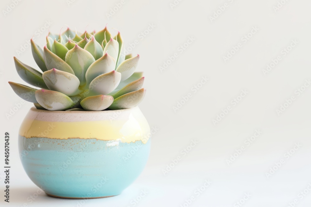 A single succulent plant in a blue, yellow, and white ceramic pot with a white background. A single succulent plant in a blue, yellow, and white ceramic pot with a white background.