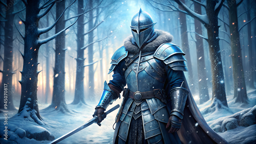 Medieval Knight with Sword and Shield in the Dark Frozen Forest. Medieval Knight with Sword and Shield in the Dark Frozen Forest.