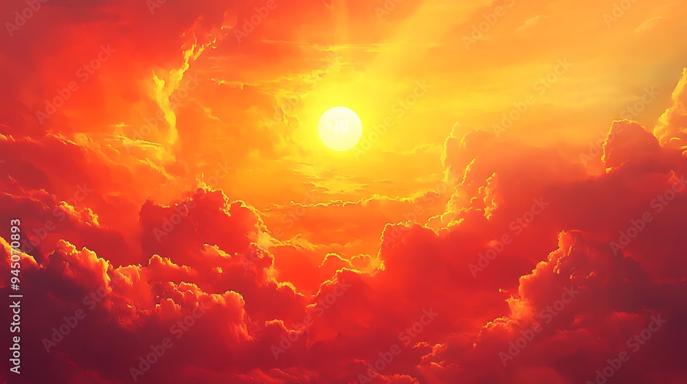 Fototapeta premium Scorching Hot Summer Day - Intense Sunlight, 40Â°C Temperature, Red and Yellow Sky, Clouds, Heatwave Environment