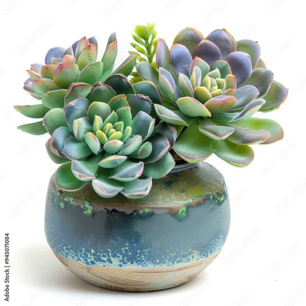 A small blue and brown ceramic pot with three succulent plants. A small blue and brown ceramic pot with three succulent plants.