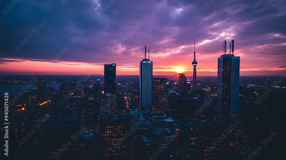 Fototapeta premium Captivating photograph of a metropolitan urban skyline at sunset showcasing the silhouettes of towering skyscrapers and high rise buildings against a vibrant color gradient of orange red