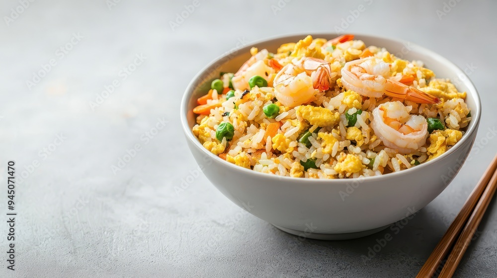 Delicious shrimp fried rice served in a white bowl, featuring colorful vegetables and perfectly cooked rice. Delicious shrimp fried rice served in a white bowl, featuring colorful vegetables and perfectly cooked rice.