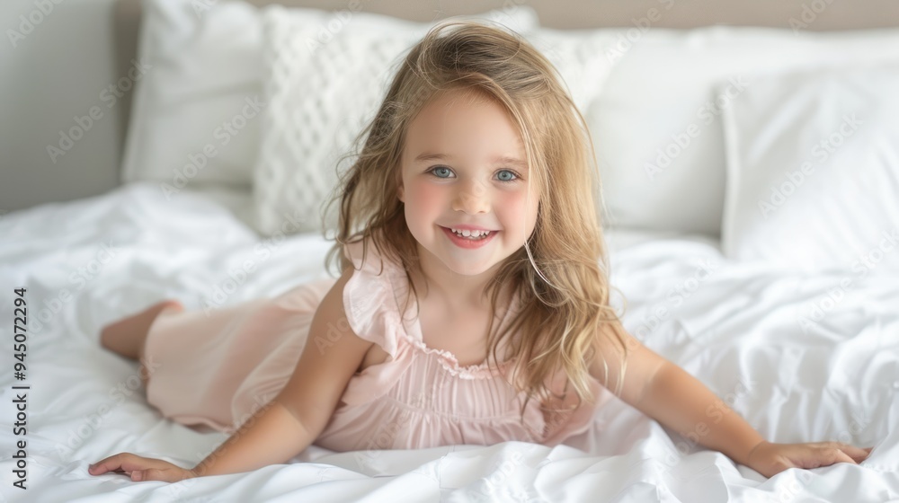 Beautiful smiling girl on a white bed in a pink one-piece dress Beautiful smiling girl on a white bed in a pink one-piece dress
