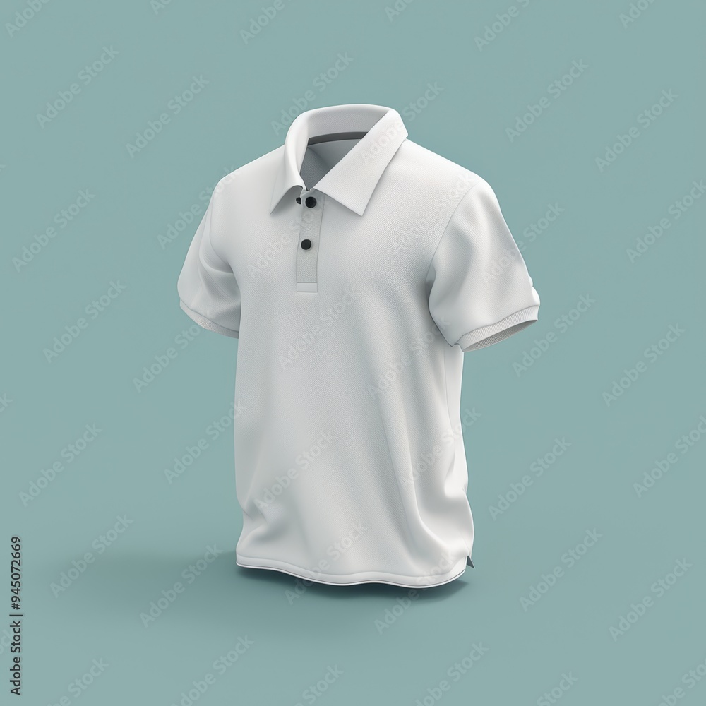 A white polo shirt with short sleeves, a collar, and button closure isolated on a light blue background. A white polo shirt with short sleeves, a collar, and button closure isolated on a light blue background.