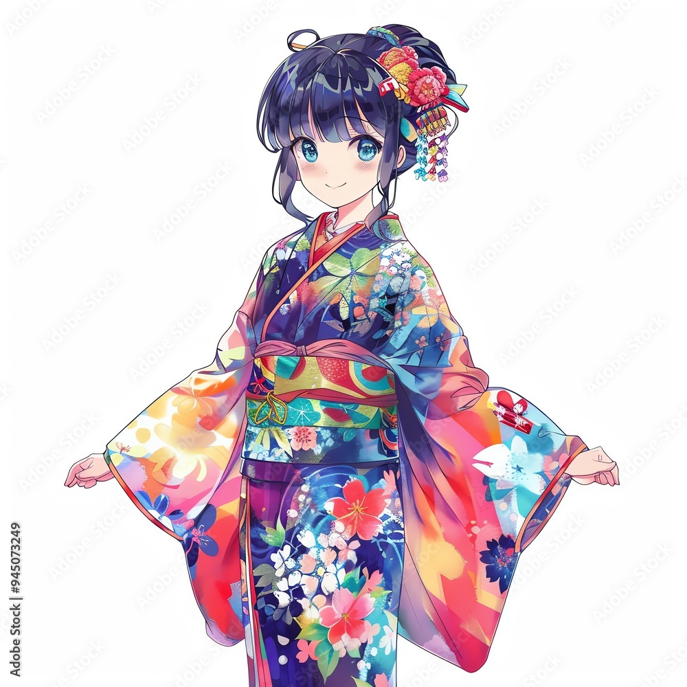 Anime illustration of a girl in a colorful kimono with floral patterns, showcasing traditional Japanese attire and cheerful expression. Anime illustration of a girl in a colorful kimono with floral patterns, showcasing traditional Japanese attire and cheerful expression.