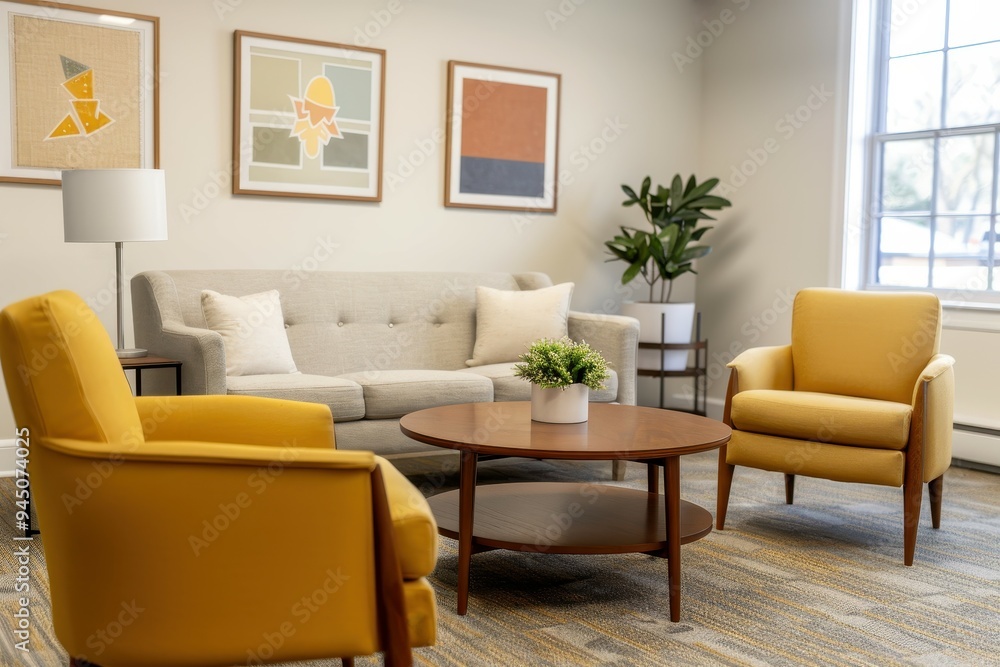 Stylish living room featuring yellow armchairs, a grey sofa, and neutral decor elements, creating a cozy and inviting space. Stylish living room featuring yellow armchairs, a grey sofa, and neutral decor elements, creating a cozy and inviting space.