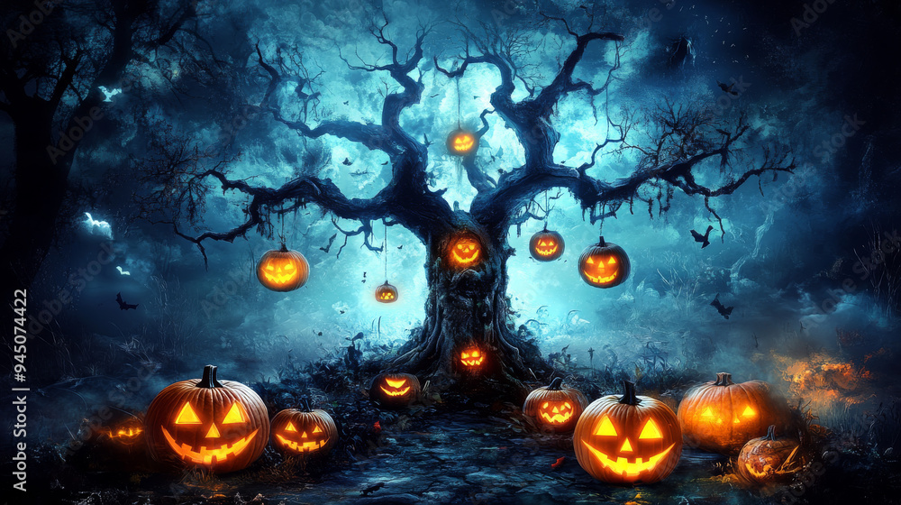 A spooky tree with twisted branches surrounded by glowing jack-o'-lanterns, creating a chilling and eerie Halloween scene. A spooky tree with twisted branches surrounded by glowing jack-o'-lanterns, creating a chilling and eerie Halloween scene.
