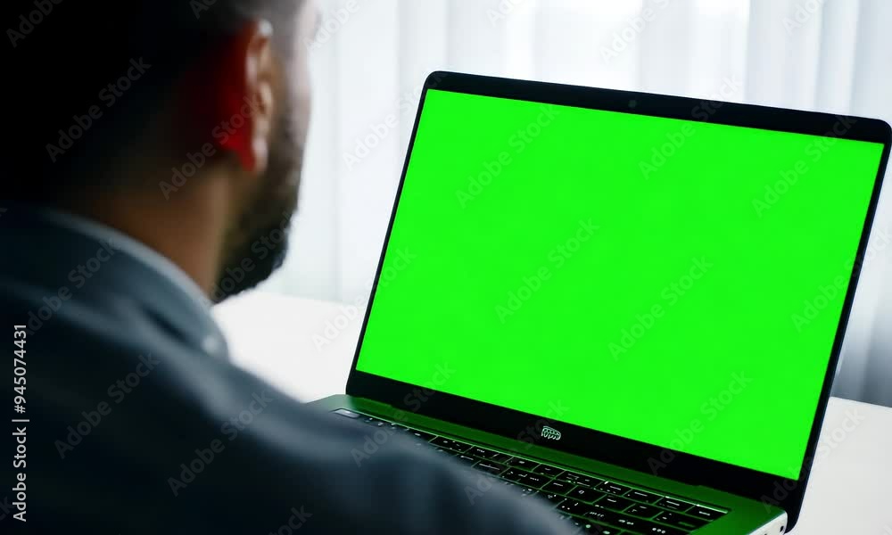 Businessman Working on Laptop with Green Screen Businessman Working on Laptop with Green Screen