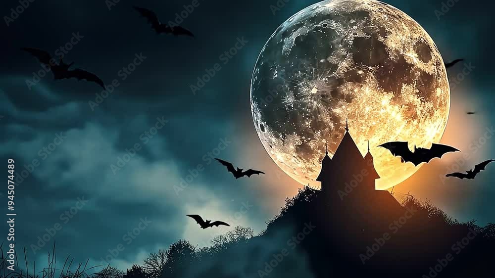 A spooky silhouette of a haunted house against a backdrop of a full moon and flying bats. A spooky silhouette of a haunted house against a backdrop of a full moon and flying bats.