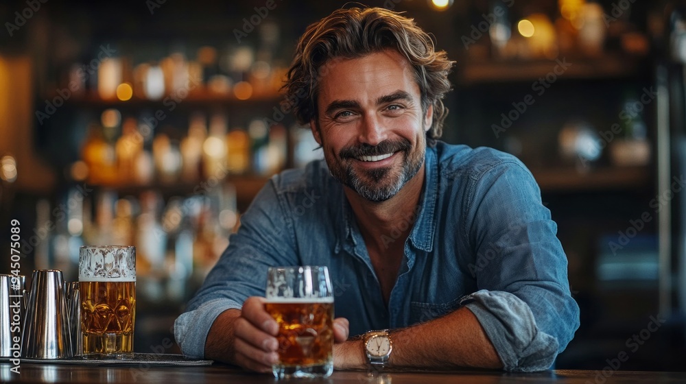 A man is sitting at a bar with a glass of beer in front of him A man is sitting at a bar with a glass of beer in front of him