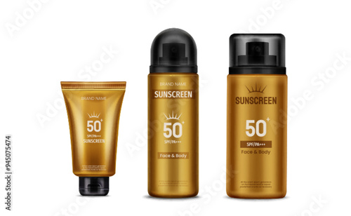 Sunscreen bottles set isolated on white background. Vector realistic illustration of spf 50 sunblock lotion tube, yellow plastic spray with black cap, summer beach cosmetics, skin beauty care product