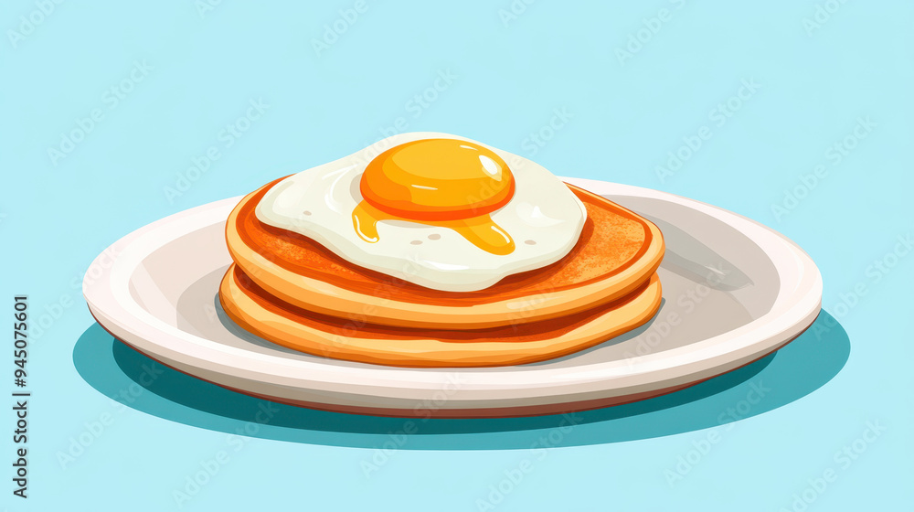Delicious pancakes topped with sunny side up egg, served on plate, evoke sense of comfort and satisfaction. Delicious pancakes topped with sunny side up egg, served on plate, evoke sense of comfort and satisfaction.