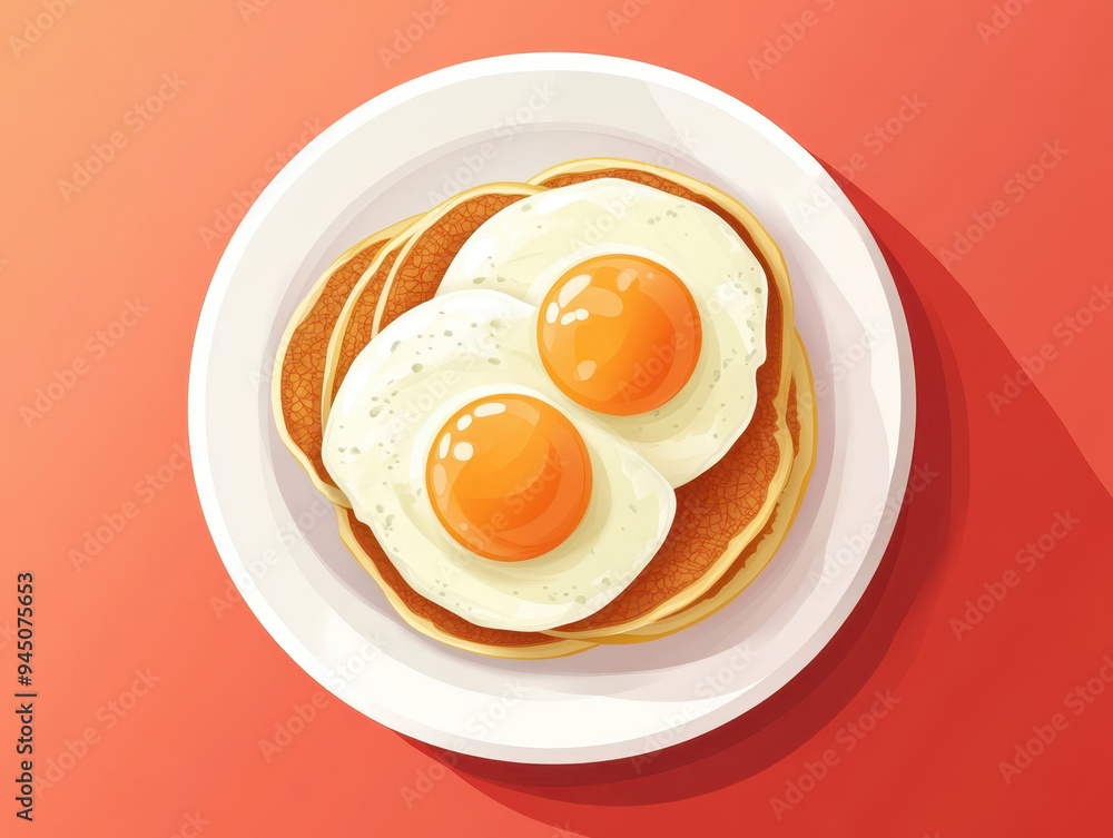 Delicious pancakes topped with sunny side up eggs create warm and inviting breakfast scene. vibrant colors evoke sense of comfort and satisfaction. Delicious pancakes topped with sunny side up eggs create warm and inviting breakfast scene. vibrant colors evoke sense of comfort and satisfaction.
