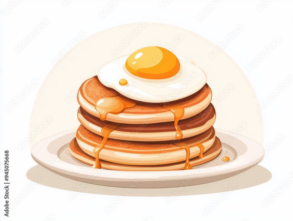 Delicious stack of pancakes topped with sunny side up egg, drizzled with syrup, evoking sense of comfort and indulgence. Delicious stack of pancakes topped with sunny side up egg, drizzled with syrup, evoking sense of comfort and indulgence.