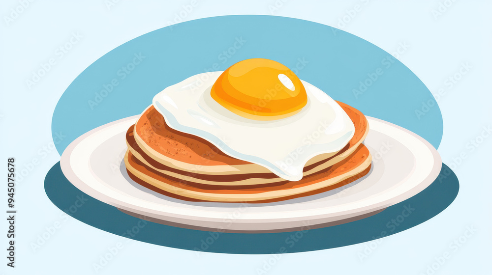 Delicious pancakes topped with sunny side up egg, creating comforting breakfast scene. Delicious pancakes topped with sunny side up egg, creating comforting breakfast scene.