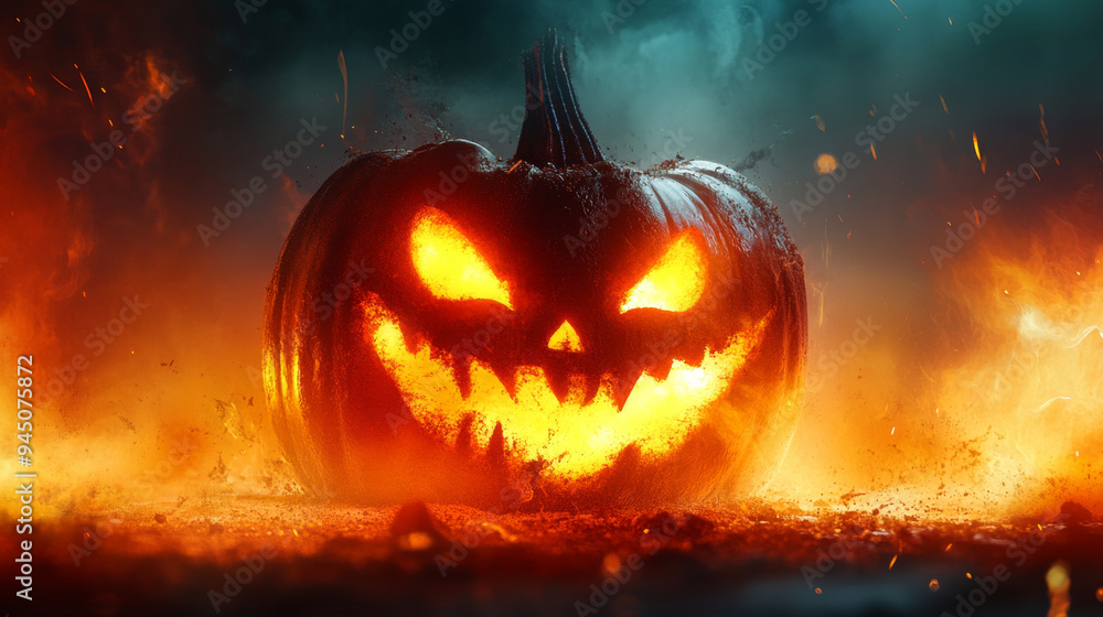 Naklejka premium A dark and creepy jack-o'-lantern with glowing eyes, ideal for creating a haunting and unsettling Halloween scene.