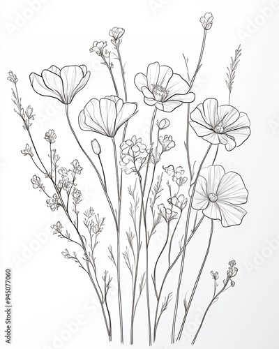 A line drawing of various flowers and plants, emphasizing botanical beauty.