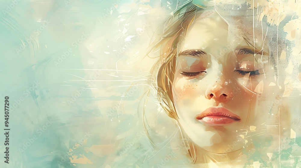 A serene illustration of a lady with closed eyes and a peaceful expression, rendered in soft pastel colors with delicate brushstrokes, evoking a sense of calm and tranquility. 8k UHD, suitable A serene illustration of a lady with closed eyes and a peaceful expression, rendered in soft pastel colors with delicate brushstrokes, evoking a sense of calm and tranquility. 8k UHD, suitable