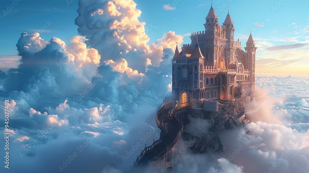 A floating castle amidst a sea of clouds, with staircases leading to nowhere and doors opening into the sky, creating a surreal and whimsical scene.