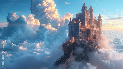 Obraz na płótnie A floating castle amidst a sea of clouds, with staircases leading to nowhere and doors opening into the sky, creating a surreal and whimsical scene. w salonie