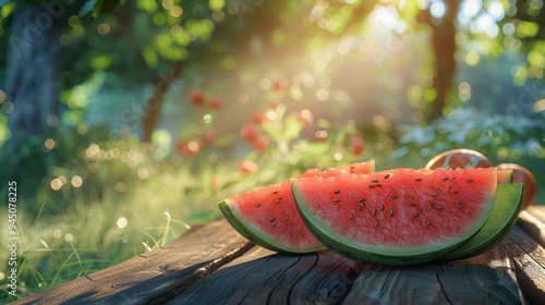 Watermelon Slices on a Wooden Table in a Sunny Garden