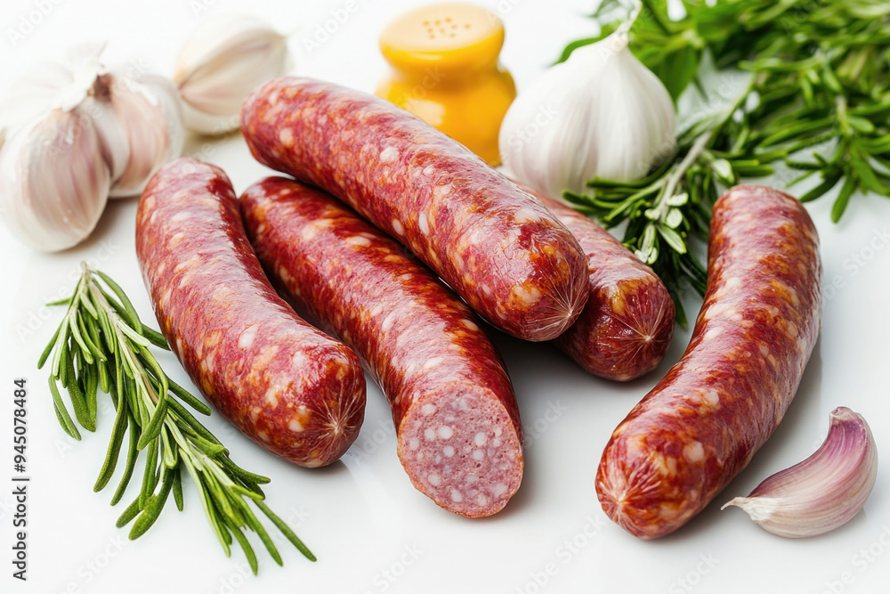 Delicious smoked sausages with garlic and rosemary lying on white background Delicious smoked sausages with garlic and rosemary lying on white background