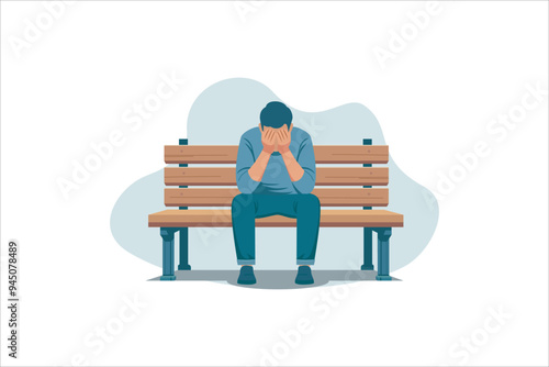 illustration of a man sitting on a park bench. with a sad expression. suitable for themes of loneliness, failure, regret, problem, etc. flat vector