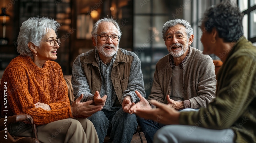 A group of older people are sitting together and smiling A group of older people are sitting together and smiling