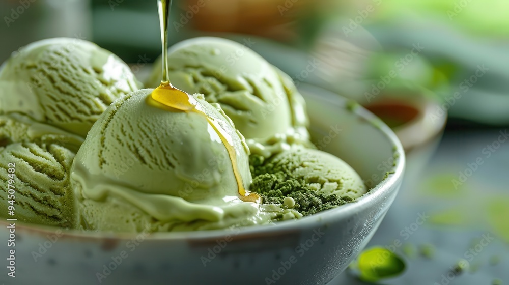 Delicious green ice cream scoops drizzled with honey, perfect for summer desserts and sweet treats. Delicious green ice cream scoops drizzled with honey, perfect for summer desserts and sweet treats.