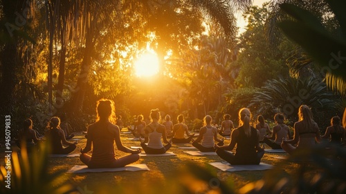 A group of people are sitting in a field, practicing yoga