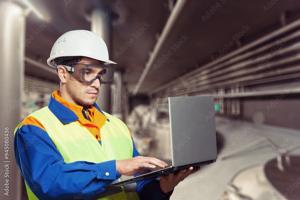 A confident engineer stands wearing a safety helmet A confident engineer stands wearing a safety helmet