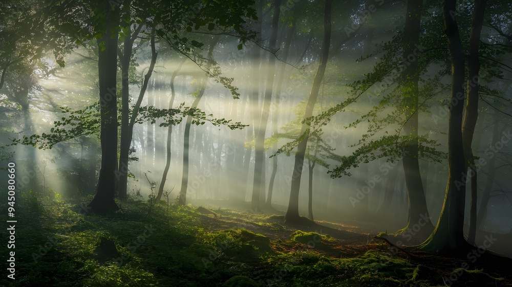 Obraz premium Mystical Forest: Embracing the Enchantment of Nature’s Foggy Embrace