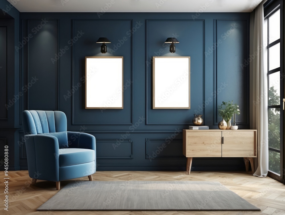 Blue Velvet Armchair in a Modern Living Room with Two Blank Frames Blue Velvet Armchair in a Modern Living Room with Two Blank Frames