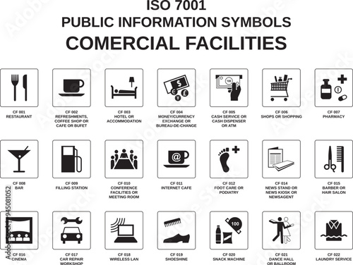 set of iso 7001 comercial facilities symbols on white background