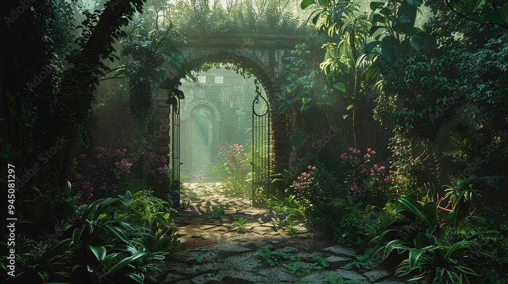 Obraz premium A magical garden hidden behind a secret door, with winding paths leading through lush foliage and mysterious creatures lurking in the shadows.