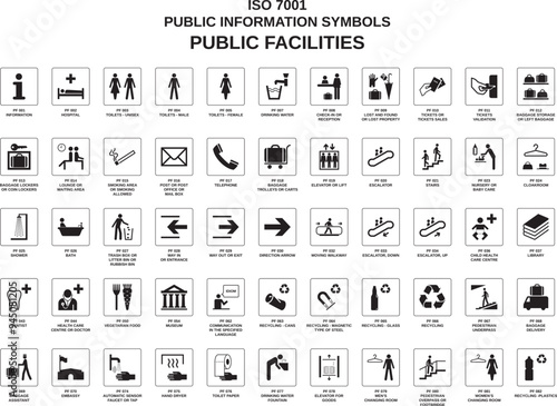 set of iso 7001 public facilities symbols on white background